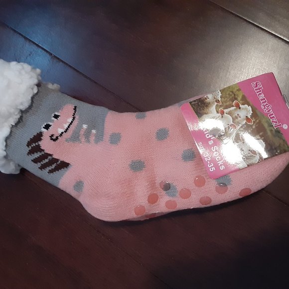 Dinosaur Child's Pink/Gray Fluffy Slipper Socks - Picture 8 of 11